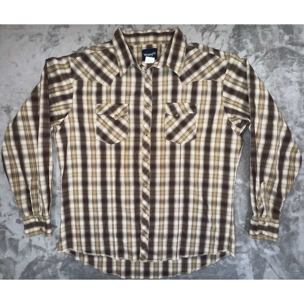 Wrangler Men's Western Shirt XXL Brown Tan Plaid Pearl Snap Chest Flap Pockets